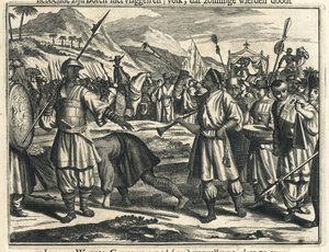 Aankomst van Vasco da Gama bij de Samoryn van Calicut door Johannes Janssonius Waasbergen
